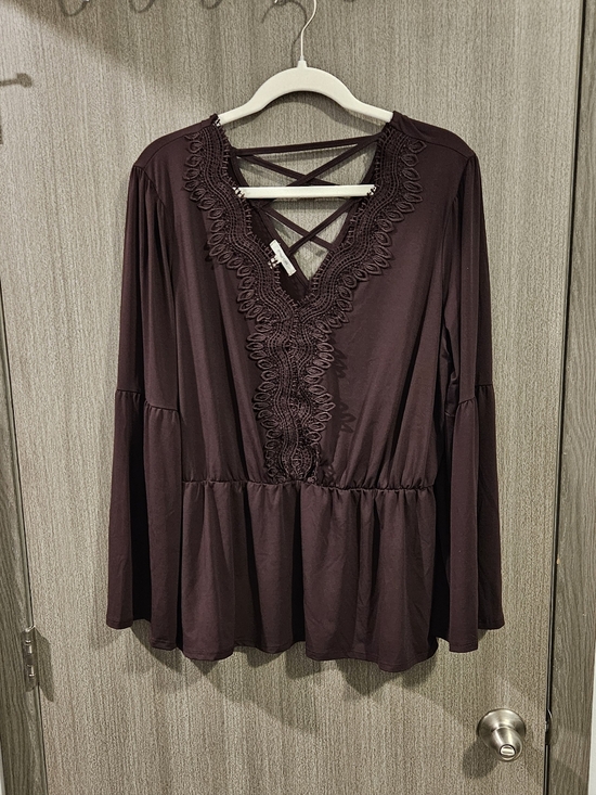 Maurices Tops - Maurices Lace-Trim Bell Sleeve Peplum Top - Plum XL
